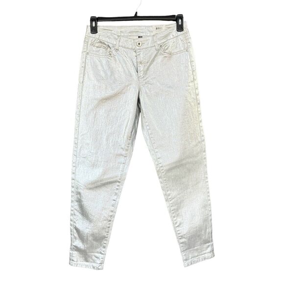 INC SZ 4/27 Boyfriend Pants Mid-Rise Stretch Silver Metallic Shiny Zip-Fly New - Picture 1 of 8